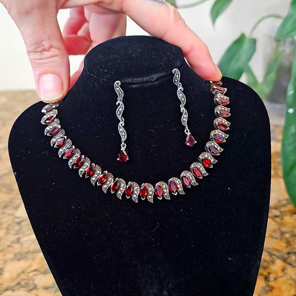 Gothy Garnet and Marcasite in sterling silver bracelet and earrings set